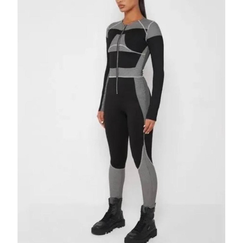 Maniere De Voir Womens Colorblock Zip Front Long Sleeve Jumpsuit Black Grey 12